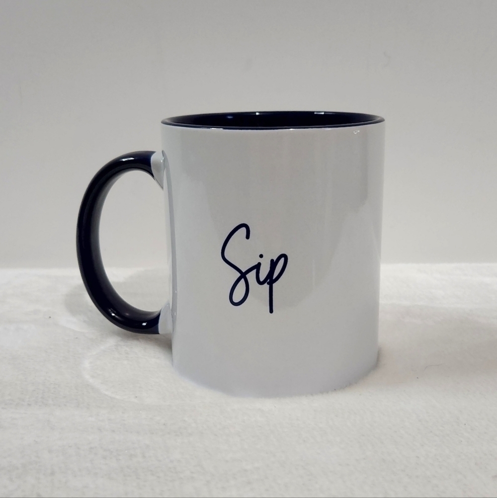 THIRTY-ONE Hello Happy Sip White Navy Blue Ceramic Coffee Cup Mug 12 Oz
